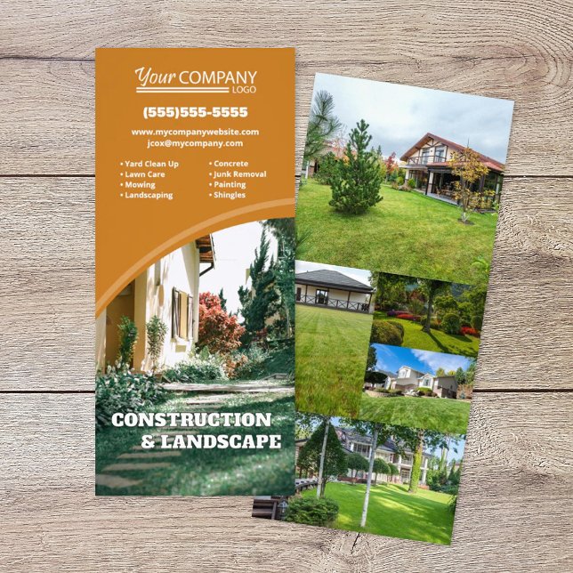 Rostorange, modern rund kurvad design, foto reklamkort (rust orange vertical rack card, vertical brochure with rounded photo shapes, brownish yellow)
