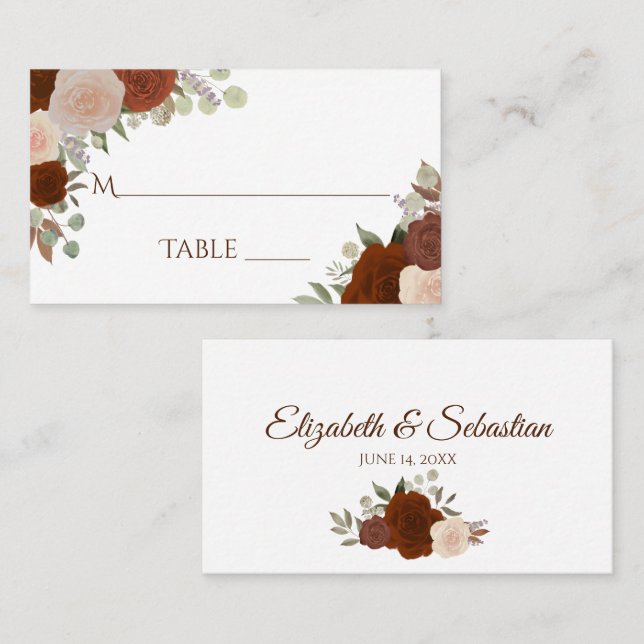 Rostorange rosor bröllop write-in eskortkort placeringskort (Fram/baksida)