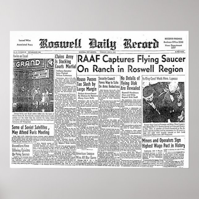 Roswell UFO Incident Newspaper Clipping Poster (Framsidan)