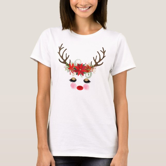 Rosy Cheeks Guld Öga Blommigt Reindeer Helgdag T Shirt (Framsida)