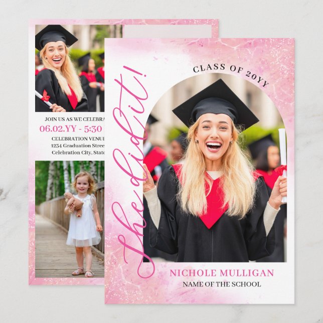Rosy Pink Hon Gjorde Det Examen Meddelande Fest Inbjudningar (Fram/baksida)