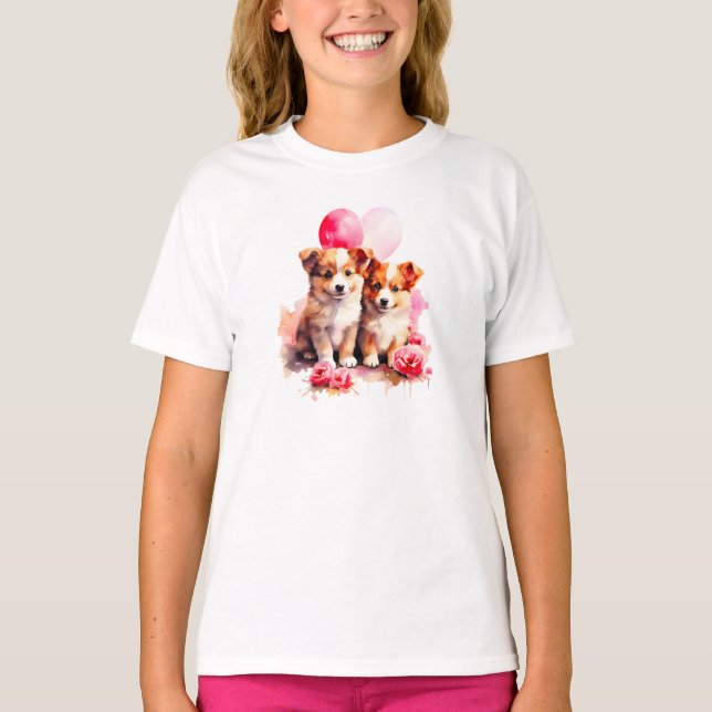 Rosy Puppy Kärlek Watercolor T Shirt (Framsida)