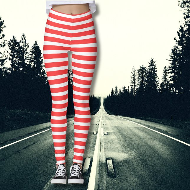 Rosy Red and White Simple Vågrät Stripe Leggings (Skapare uppladdad)
