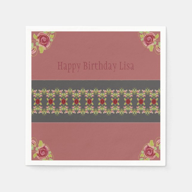 Rosy Rosa Blommigt Pappersservett (Framsidan)