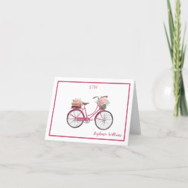 Rosy Rosa Watercolor Blommigt Bicycle Monogram Tack Kort