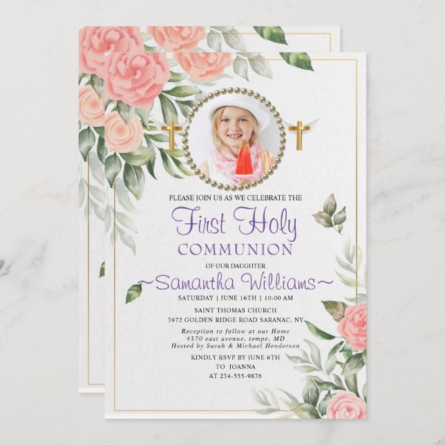 Rosy Watercolor  Blommigt First Communion Inbjudningar (Fram/baksida)