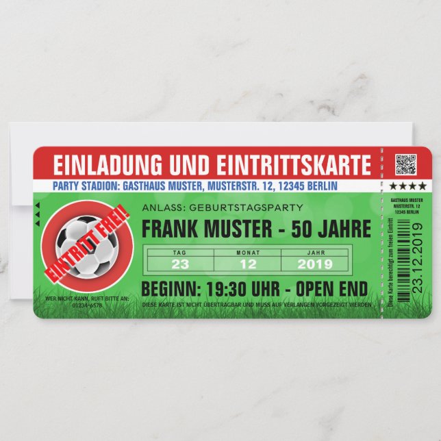 rote Einladung und Eintrittskarte (Fußball-Ticket) Inbjudningar (Framsida)