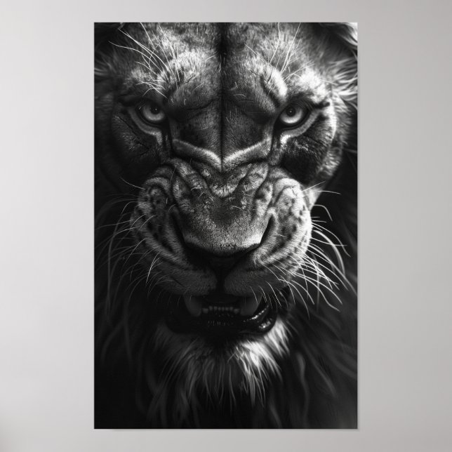 Rotera Lejon frontalvy, fotorealistiskt svart och  Poster (Framsidan)