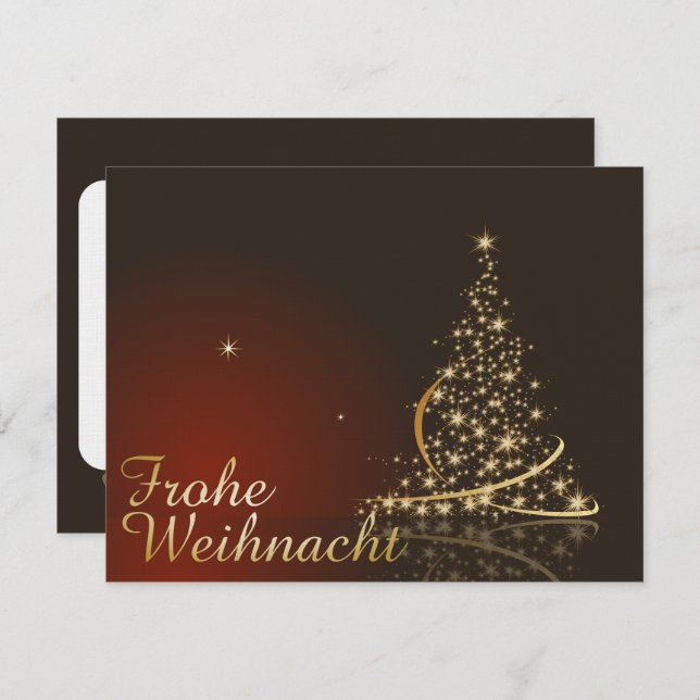 Rotes Weihnachtsmotiv mit goldenem Weihnachtsbaum Inbjudningar (Fram/baksida)