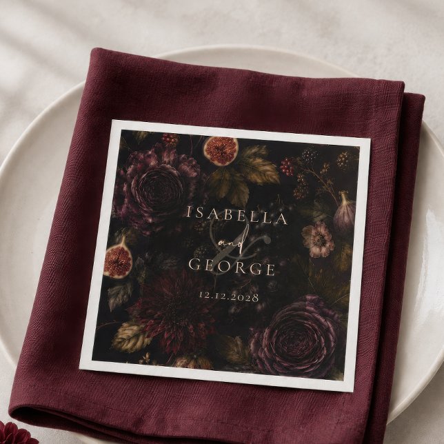 Rotfast Romantik Mörk Botanisk Bröllop Pappersservett (Skapare uppladdad)