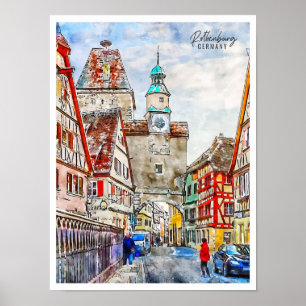 Rothenburg Tyskland vintage resor vattenfärg Poster