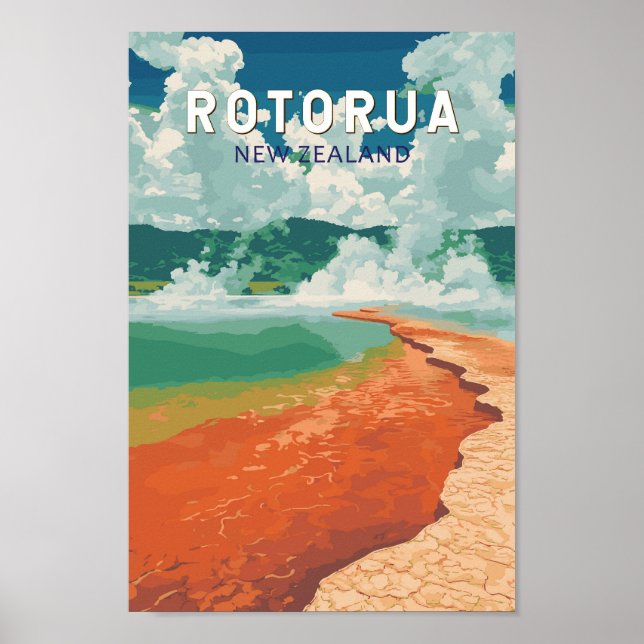 Rotorua New Zealand Illustration Travel Art Retro Poster (Framsidan)