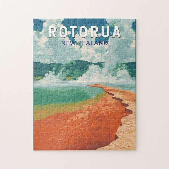 Rotorua New Zealand Illustration Travel Art Retro Pussel (Vertikal)