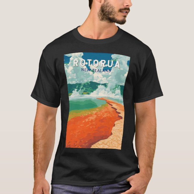 Rotorua New Zealand Illustration Travel Art Retro  T Shirt (Framsida)