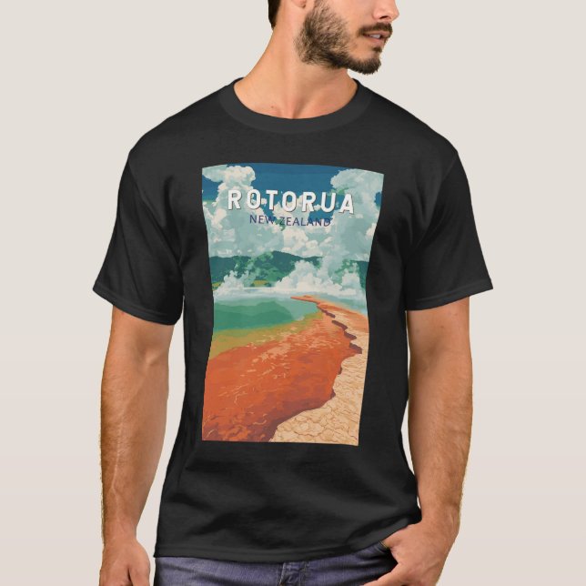 Rotorua New Zealand Illustration Travel Art Retro T Shirt (Framsida)