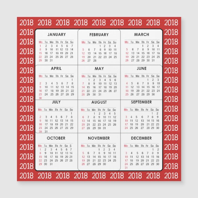 Rött 2018-kalender - magnetkort (Framsida)