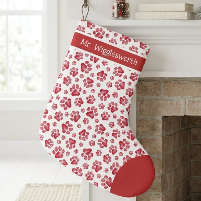 Rött akrylabtryck Mönster Stor Julstrumpa (Red watercolor paw print Christmas stocking — festive holiday gift idea for an animal lover.)