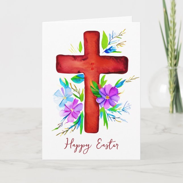 Rött akvarellkors och blommor anpassad påsk helgkort (Framsida)