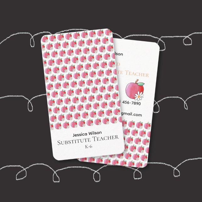 Rött äpple Tusenskönsmönster Sub Vertikal Visitenk Visitkort (Red apple and white flower pattern substitute teacher vertical business card .)
