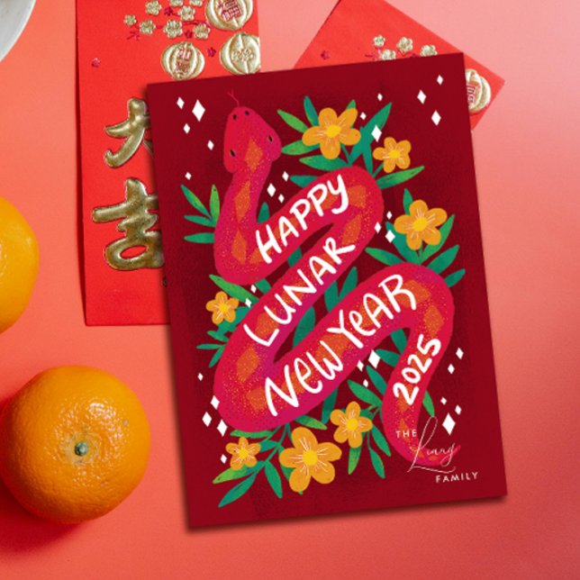 Rött år för nyårskort för orm julkort (Lunar New Year of the snake illustrated card with family name text)