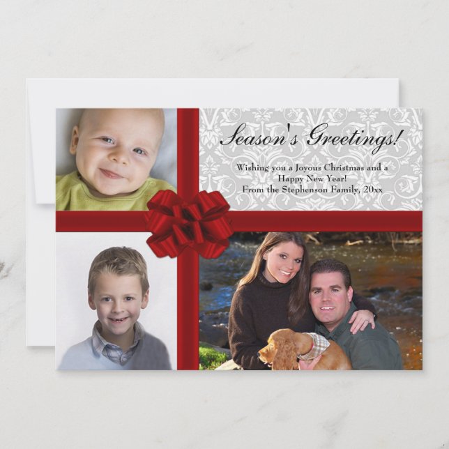 Rött band, 3-foto-Julhälsningar kort (Framsida)