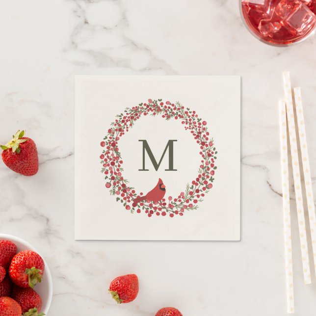 Rött bärkrans och rött kardinalmonogram  pappersservett (Insitu)