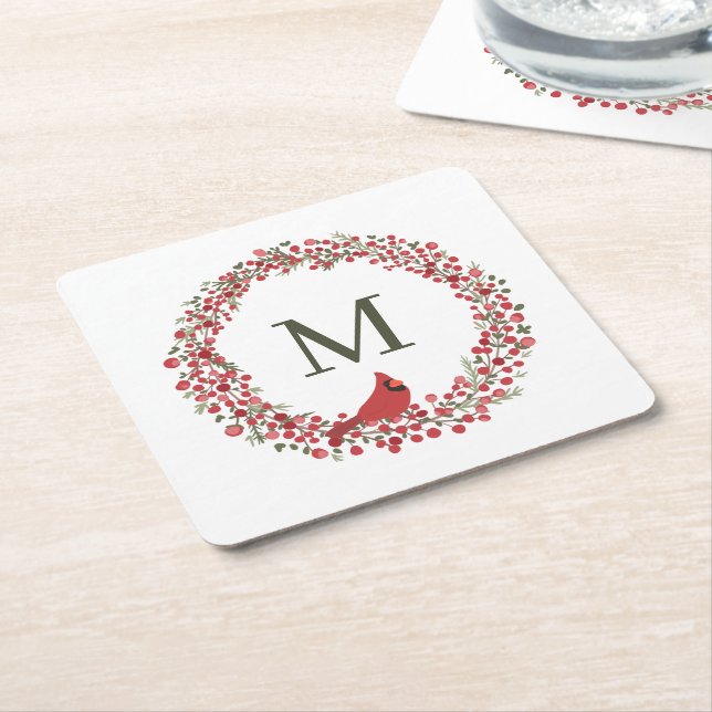 Rött bärkrans och rött kardinalmonogram  underlägg papper kvadrat (Vinklad)