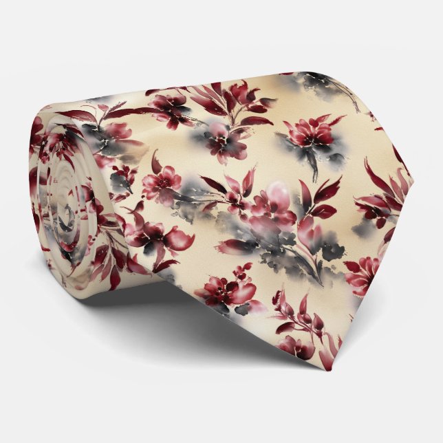 Rött bläck tvätt blomster mönster slips (Rullad)