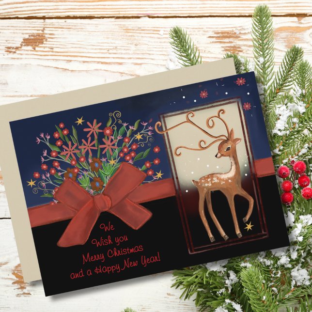 Rött bläddringsfack, rött bläck och svart julkort (Cute Reindeer Red Bow Blue& Black Holiday Card)