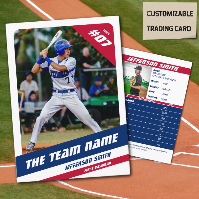 Rött blått kort för baskiska teamet (Baseball Player Trading Card in White with Custom Team Name and Red White Blue Elements)