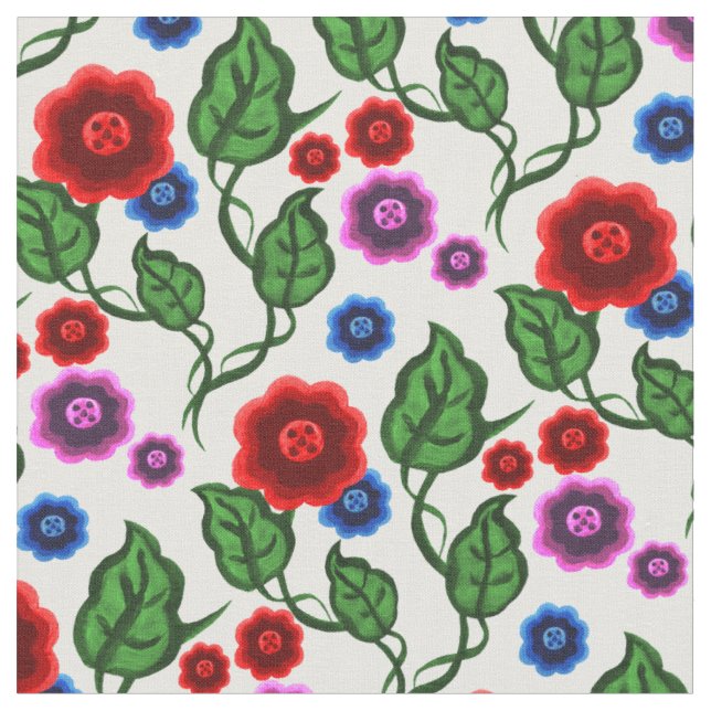 Rött/blått/rosa blommor/gröntlöv/Folk Tyg (Närbild)
