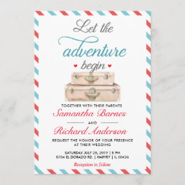 Rött blått vykort för resebröllopsinbjudan