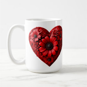 Rött blomhjärta gjort av blommor kaffemugg