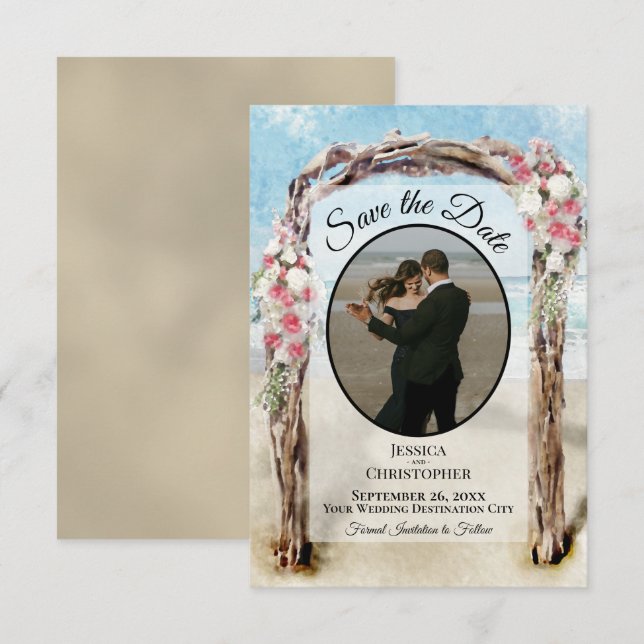 Rött Blommigt Akvarell Strand Arbor & Foto Bröllop Spara Datumet (Fram/baksida)