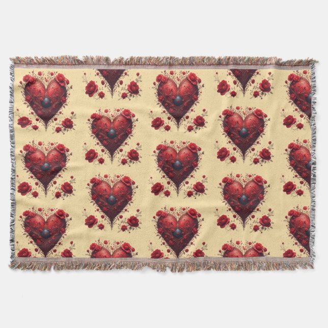 Rött blommigt hjärtdesign med blommande blommor filt (Framsidan)