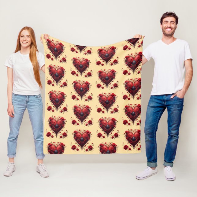 Rött blommigt hjärtdesign med blommande blommor fleecefilt (På plats)