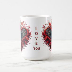 Rött blommigt hjärtdesign med blommande blommor kaffemugg