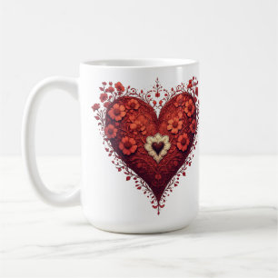 Rött blommigt hjärtdesign med blommande blommor kaffemugg