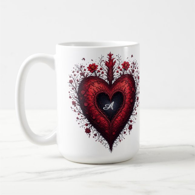 Rött blommigt hjärtdesign med blommande blommor kaffemugg (Vänster)
