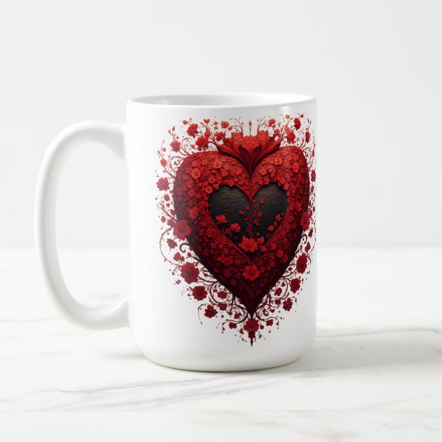 Rött blommigt hjärtdesign med blommande blommor kaffemugg (Vänster)