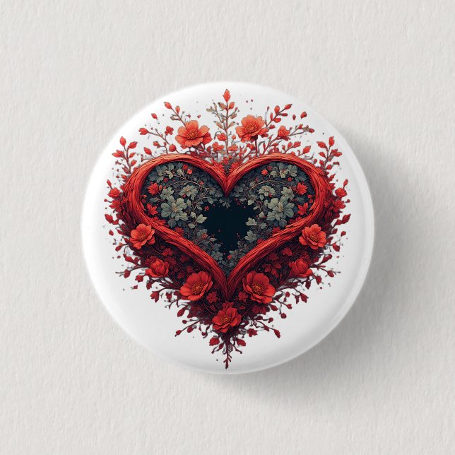 Rött blommigt hjärtdesign med blommande blommor knapp (Framsida)
