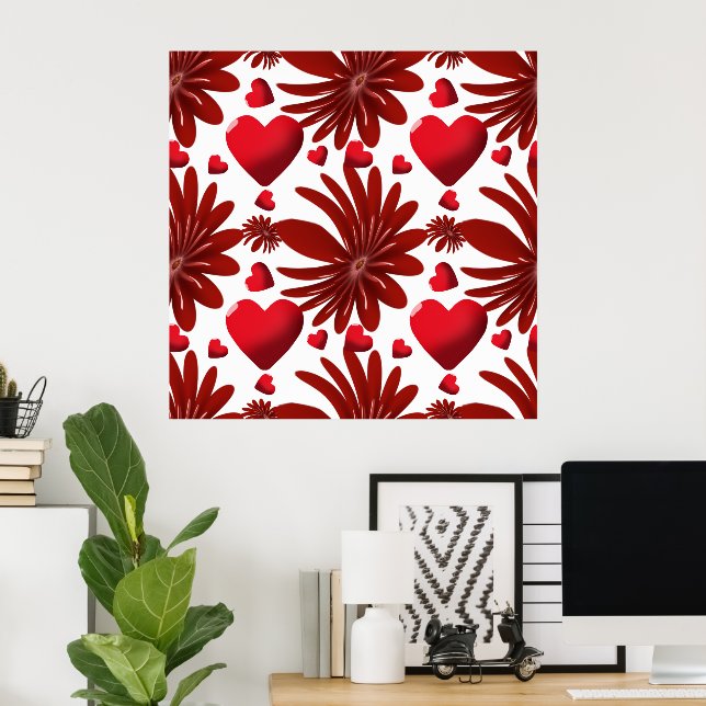 Rött blommigt hjärtmönster Estetisk romantisk blom Poster (Hemmakontoret)
