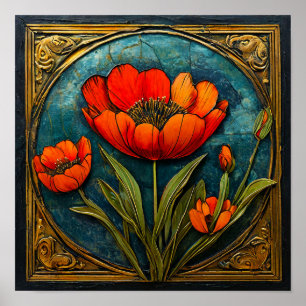 Rött blommigt ornament Elegant barockdekor Poster