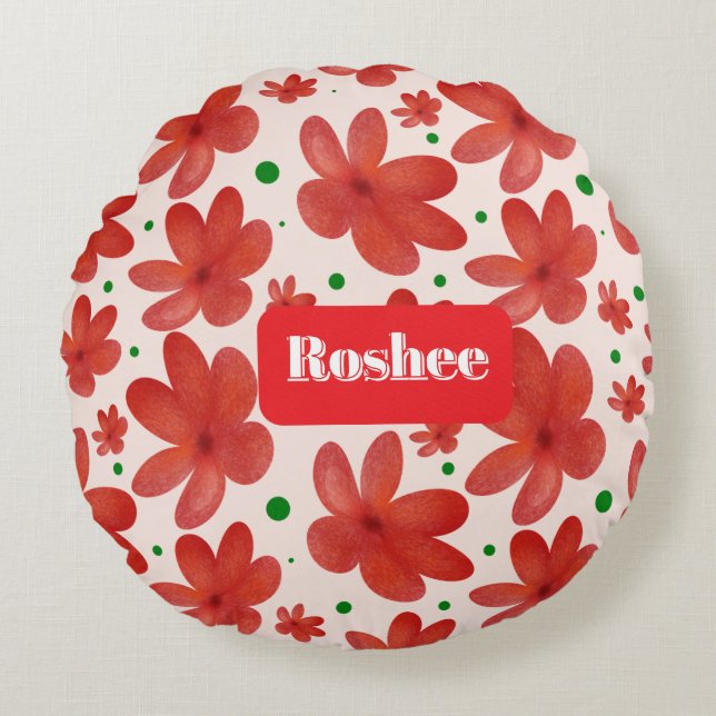 Rött blommigt sömlöst mönster Sött retroblomma  Rund Kudde (Framsidan)