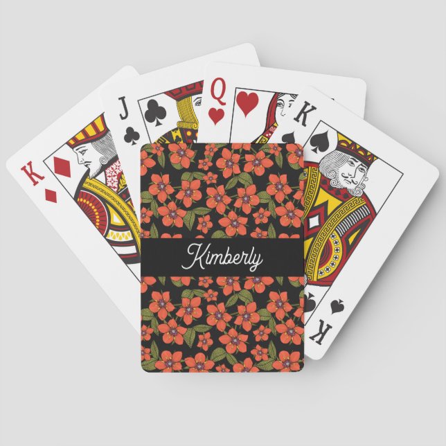 Rött Blommigt Vattenfärg Monogramnamn Casinokort (Baksidan)