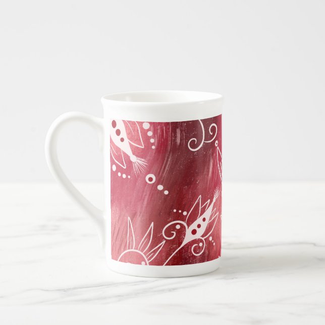 Rött Blommönster Benporslin Mugg (Vänster)