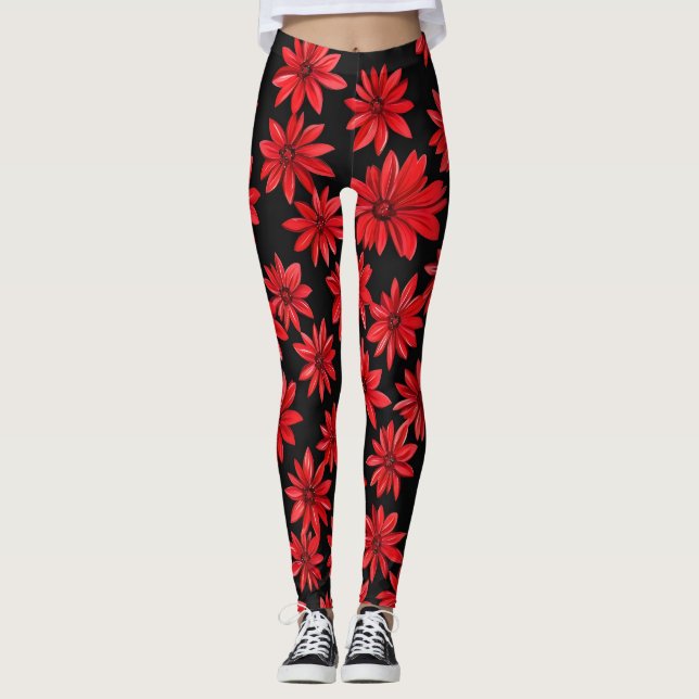 Rött Blommönster Leggings (Framsida)