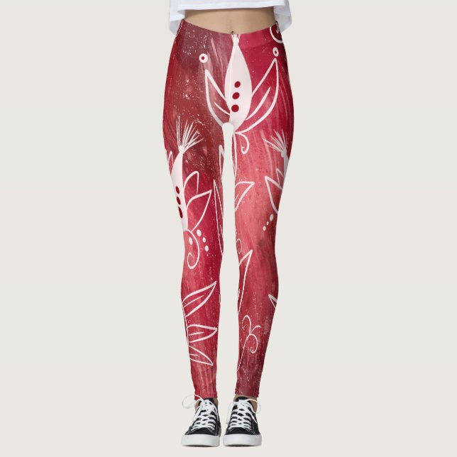 Rött Blommönster Leggings (Framsida)