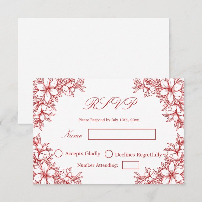 Rött bröllop RSVP med utsmyckad blomgrafik OSA Kort (Fram/baksida)