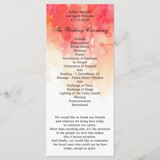 Rött bröllopsprogram med vattenfärg. Koralceremoni Program (Framsida)